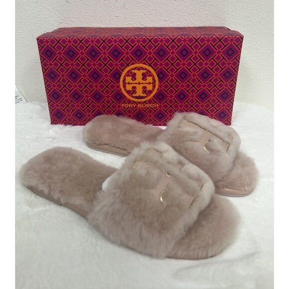 TORY BURCH SHEARLING SLIDE SANDAL SHELL PINK /GOLD TRIM DOUBLE LOGO SZ US 6 NEW - Picture 1 of 10